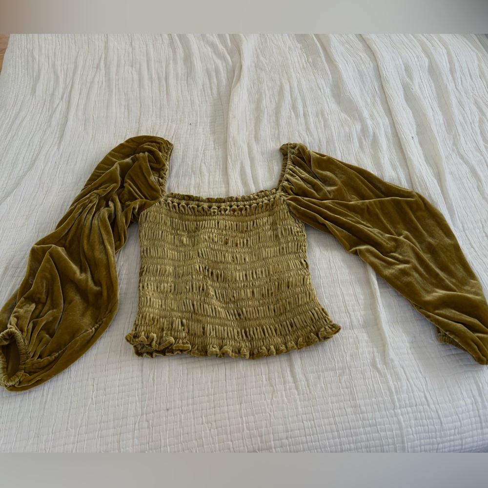 Anthropologie Gold Smocked Velvet Top